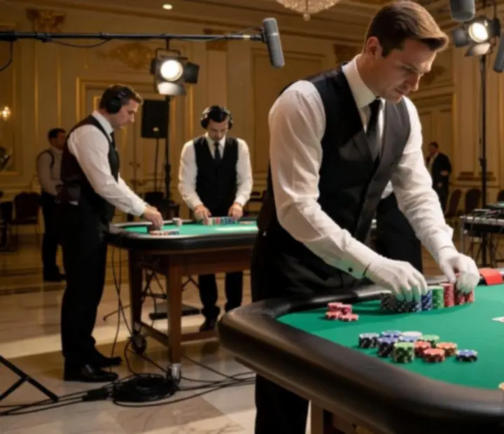 Przygotowanie stołów pokerowych i ruletkowych przed wydarzeniem