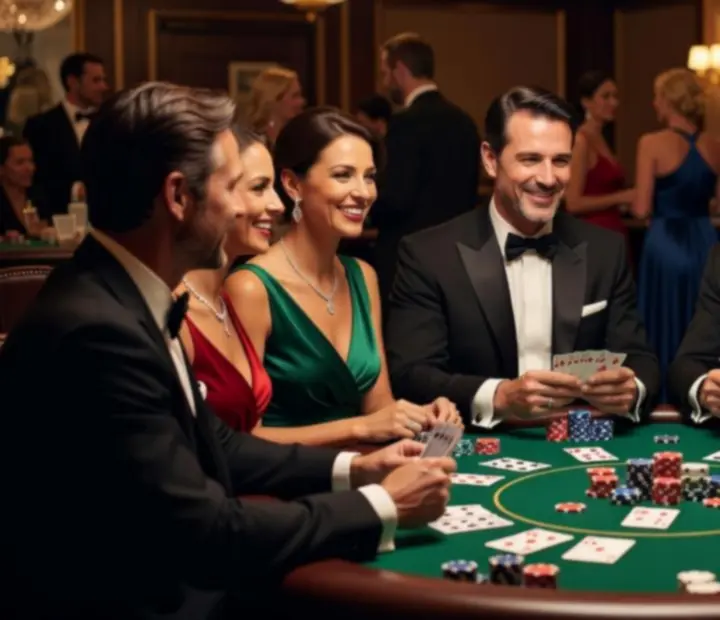 Szczęśliwi goście przy stole do gry podczas prywatnej imprezy casino-style