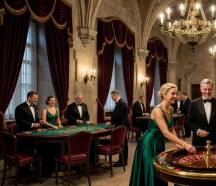 Eleganckie zamkowe wnętrze przygotowane na wieczór kasynowy