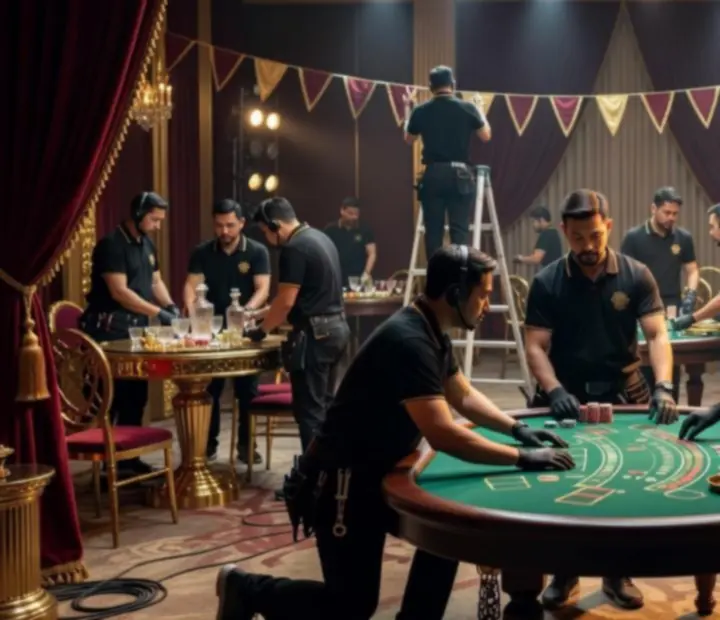 Zespół techniczny przygotowujący przestrzeń na event casino-style