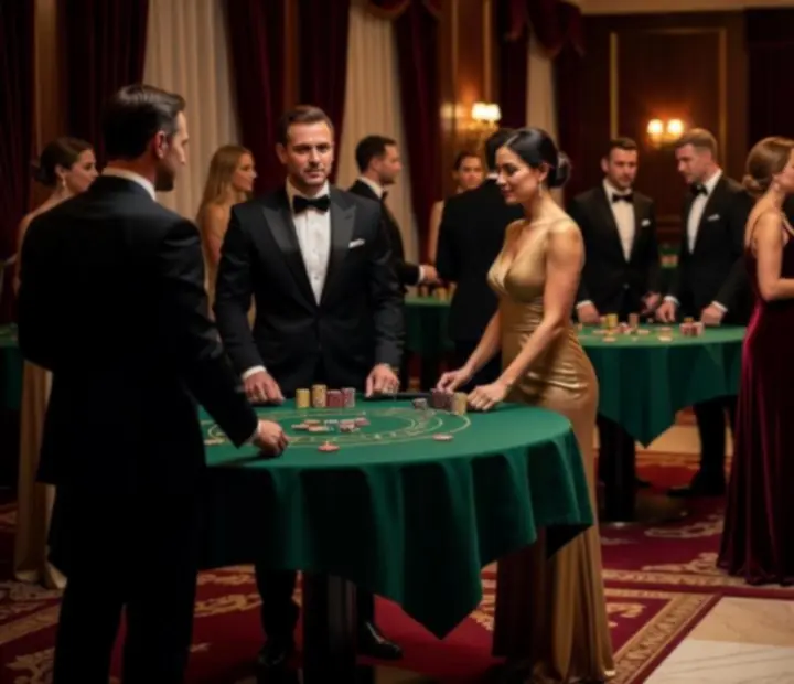 Ekskluzywny VIP wieczór kasynowy z eleganckimi stołami i oświetleniem.